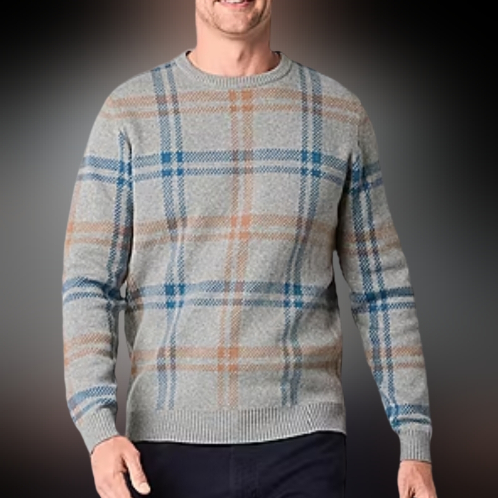 Stafford Mens Crew Neck Long Sleeve Pullover Sweater Size XL  Grey Multi Plaid